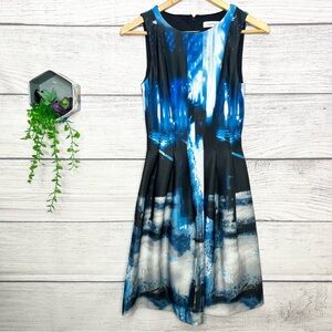 Calvin Klein Blue Black & White Abstract Sleeveless Fit & Flare Dress Size 2 XS